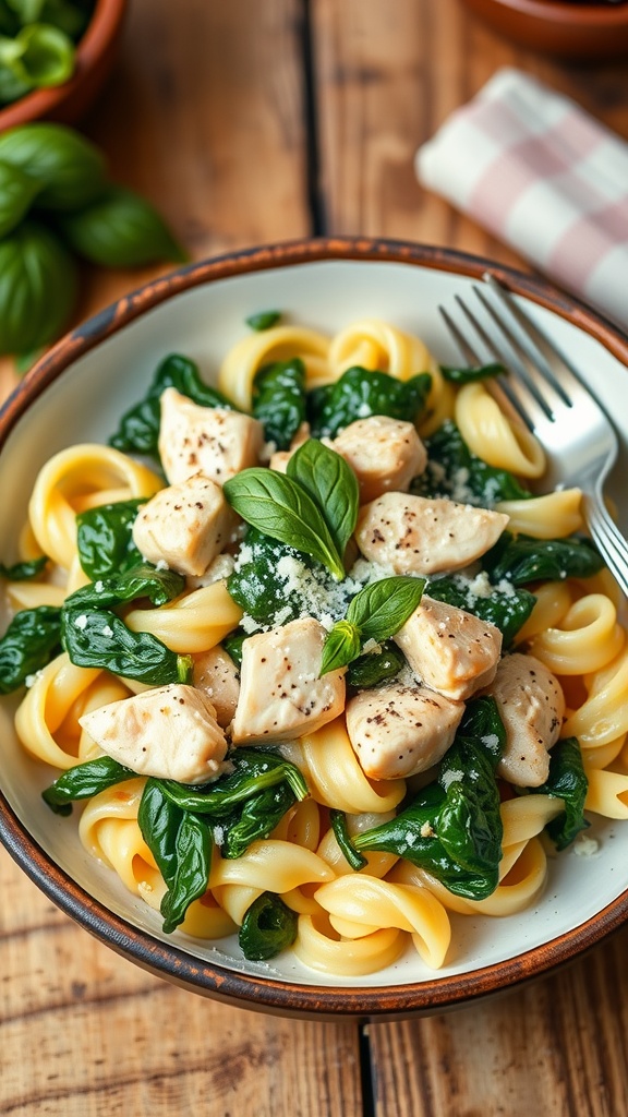 Creamy spinach and chicken pasta with Parmesan and basil in a rustic bowl on a wooden table.